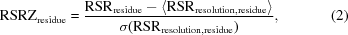 [{\rm RSRZ}_{\rm residue} = {{{\rm RSR}_{\rm residue}- \langle{\rm RSR}_{\rm resolution,residue}\rangle}\over{\sigma({\rm RSR}_{\rm resolution,residue})}}, \eqno (2)]