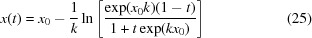 [x(t) = x_{0}-{{1} \over {k}}\ln\left[{{\exp(x_{0}k)(1-t)} \over {1+t\exp(kx_{0})}}\right] \eqno (25)]