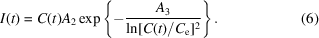 [I(t) = C(t){A_2}\exp\left\{ - {{A_3} \over { \ln [C(t)/C_{\rm e}]^2}} \right\}. \eqno (6)]