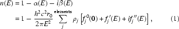 [\eqalignno{n(E) =\hskip.2em& 1 - \alpha(E) - i \beta(E)\cr=\hskip.2em& 1 - {{h^{2} c^{2} r_{0}}\over{2\pi E^{2}}} \sum_j^{\rm elements} \rho_j \left[f_j^{\,0}(0) + f_j^{\,\prime}(E) + i f_j^{\,\prime\prime}(E) \right], & (1)}]