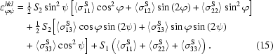 [\eqalignno{\varepsilon _{\varphi \psi }^{hkl} =\hskip.2em& {\textstyle{1 \over 2}}\,S_2 \sin ^{2} \psi \big[\langle \sigma _{11}^{\rm S} \rangle \cos ^{2} \varphi + \langle \sigma _{12}^{\rm S} \rangle \sin \left(2\varphi \right) + \langle \sigma _{22}^{\rm S} \rangle \sin ^{2} \varphi \big] \cr&\!+ {\textstyle{1 \over 2}}\,S_2^{} \big[ \langle {\sigma _{13}^{\rm S} } \rangle \cos \varphi \sin \left({2\psi } \right) + \langle {\sigma _{23}^{\rm S} } \rangle \sin \varphi \sin \left({2\psi } \right)\cr&\! + \langle {\sigma _{33}^{\rm S} } \rangle \cos ^2 \psi \big] + S_{1} \left(\langle \sigma _{11}^{\rm S} \rangle + \langle \sigma _{22}^{\rm S} \rangle + \langle \sigma _{33}^{\rm S} \rangle \right).&(15)}]
