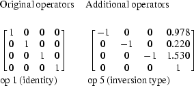 [\eqalign{ &{\rm Original \, operators \quad \,Additional \, operators} \cr\cr & \left [{\matrix{ 1 & 0 & 0 & 0 \cr 0 & 1 & 0 & 0 \cr 0 & 0 & 1 & 0 \cr 0 & 0 & 0 & 1 \cr } } \right] \quad\quad \left [{\matrix{ { - 1} & 0 & 0 & {0.978} \cr 0 & { - 1} & 0 & {0.220} \cr 0 & 0 & { - 1} & {1.530} \cr 0 & 0 & 0 & 1 \cr } } \right] \cr & {\rm op \,1\, (identity) \quad\quad\quad op \,5 \, (inversion \, type)}}]