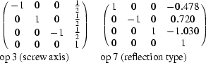 [\eqalign{ & \left({\matrix{ { - 1} & 0 & 0 & {1\over2} \cr 0 & 1 & 0 & {1\over2} \cr 0 & 0 & { - 1} & {1\over2} \cr 0 & 0 & 0 & 1 \cr } } \right) \quad \left({\matrix{ 1 & 0 & 0 & { - 0.478} \cr 0 & { - 1} & 0 & {0.720} \cr 0 & 0 & 1 & { - 1.030} \cr 0 & 0 & 0 & 1 \cr } } \right) \cr & {\rm op \,3\, (screw \, axis) \quad \quad \quad op \,7 \,(reflection \,type)}}]