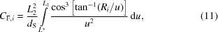 [C_{{\rm F}, i} = {{L_2^2}\over{d_{\rm S}}} \int\limits_{L^*}^{L_2} {{\cos^3\left[\tan^{-1}(R_i/u)\right]}\over{u^2}}\,{\rm d}u, \eqno(11)]