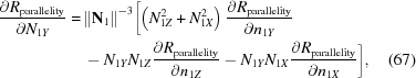 [\eqalignno{ {{\partial {R_{\rm parallelity}}} \over {\partial {N_{1Y}}}} = & \, {\left\| {\bf N}_1 \right\|^{-3}} \biggl [ \left (N_{1Z}^2 + N_{1X}^2 \right ) {{\partial {R_{\rm parallelity}}} \over {\partial {n_{1Y}}}} \cr & \, - N_{1Y} N_{1Z} {{\partial {R_{\rm parallelity}}} \over {\partial {n_{1Z}}}} - N_{1Y} N_{1X} {{\partial {R_{\rm parallelity}}} \over {\partial {n_{1X}}}} \biggr ] , &(67)}]