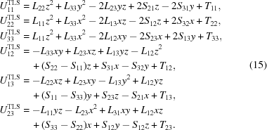 [\eqalign { U_{{11}}^{{\rm TLS}} & = L_{{22}}z^{2} + L_{{33}}y^{2}-2L_{{23}}yz + 2S_{{21}}z-2S_{{31}}y + T_{{11}} ,\cr U_{{22}}^{{\rm TLS}} & = L_{{11}}z^{2} + L_{{33}}x^{2} - 2L_{{13}}xz-2S_{{12}}z + 2S_{{32}}x + T_{{22}}, \cr U_{{33}}^{{\rm TLS}} & = L_{{11}}z^{2} + L_{{33}}x^{2} - 2L_{{12}}xy-2S_{{23}}x + 2S_{{13}}y + T_{{33}}, \cr U_{{12}}^{{\rm TLS}} & = - L_{{33}}xy + L_{{23}}xz + L_{{13}}yz - L_{{12}}z^{2} \cr &\quad + (S_{{22}} - S_{{11}})z + S_{{31}}x - S_{{32}}y + T_{{12}} ,\cr U_{{13}}^{{\rm TLS}} & = - L_{{22}}xz + L_{{23}}xy - L_{{13}}y^{2} + L_{{12}}yz \cr & \quad + (S_{{11}} - S_{{33}})y + S_{{23}}z - S_{{21}}x + T_{{13}}, \cr U_{{23}}^{{\rm TLS}} & = - L_{{11}}yz - L_{{23}}x^{2} + L_{{31}}xy + L_{{12}}xz \cr &\quad + (S_{{33}} - S_{{22}})x + S_{{12}}y - S_{{12}}z + T_{{23}}.} \eqno (15)]