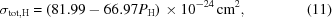 [\sigma_{\rm tot, H} = \left ( 81.99 - 66.97 P_{\rm H} \right ) \times 10^{-24} \, {\rm cm}^2 , \eqno (11)]