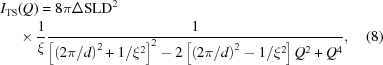 [\eqalignno{ I_{\rm TS}&(Q) = 8 \pi \Delta {\rm SLD}^2 \cr & \times {{1} \over {\xi}} {{1} \over {\left [ \left ( {{2\pi}/{d}} \right )^2 + {{1} / {\xi^2}} \right ]^2 - 2 \left [ \left ( {{2\pi} / {d}} \right )^2 - {{1} / {\xi^2}} \right ] Q^2 + Q^4}} , &(8)}]