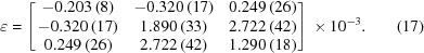 [{\varepsilon} = \left[\matrix { -0.203\,(8) & -0.320 \,(17) & 0.249\, (26)\cr -0.320\, (17) & 1.890\, (33) & 2.722\, (42) \cr 0.249\, (26) & 2.722\, (42) & 1.290\, (18)}\right] \times 10^{{-3}}. \eqno (17)]