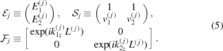 [\eqalign{ {\cal E}_{j} & \equiv \left(\matrix { E_{1}^{(\,j\,)} \cr E_{2}^{(\,j\,)}}\right), \quad {\cal S}_{j} \equiv \left(\matrix { 1 & 1 \cr v_{1}^{(\,j\,)} & v_{2}^{(\,j\,)}}\right), \cr {\cal F}_{j} & \equiv \left[\matrix { \exp({ i k_{1z}^{(\,j\,)}L^{(\,j\,)}}) & 0 \cr 0 & \exp({ { i} k_{2z}^{(\,j\,)}L^{(\,j\,)}})}\right].} \eqno (5)]