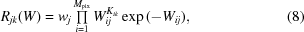 [R_{jk}(W) = w_j \textstyle\prod\limits_{i = 1}^{M_{{\rm pix}}} W_{ij}^{K_{ik}} \exp{(-W_{ij})}, \eqno (8)]