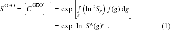 [\eqalignno{{\overline S}^{\rm \,GEO} = \left [ {\overline C}^{\rm \,GEO} \right ]^{-1} = & \, \exp { \left [ \textstyle\int \limits_{g}^{} \left ( \ln {}^{0}S_{g} \right ) \, f(g) \, {\rm d}g \right ]} \cr = & \, \exp { \left [ {\overline {\ln {} ^{0}S^{\rm A} (g)^{\rm a}}} \right ]} . &(1)}]