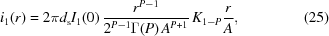[i_1 (r) = 2 \pi d_{\rm s} I_1 (0)\,{{r^{P-1}} \over {2^{P-1} \Gamma (P) \, A^{P+1}}} \,K_{1-P} {r \over A} , \eqno(25)]