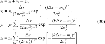 [\eqalign{ & s_l = x_l + y_l - z_l, \cr & x_l = x_0 {{\Delta r}\over {(2\pi\sigma_x^2)^{1/2}}} \exp\left[-{{(l\Delta r - m_x)^2}\over{2\sigma_x^2}}\right], \cr & y_l = y_0 \sum\limits_{k=1}^l {{\Delta r}\over {(2\pi\sigma_y^2)^{1/2}}} \exp\left[-{{(k\Delta r - m_y)^2}\over{2\sigma_y^2}}\right], \cr & z_l = z_0 \sum\limits_{k=1}^l {{\Delta r}\over {(2\pi\sigma_z^2)^{1/2}}} \exp\left[-{{(k\Delta r - m_z)^2}\over{2\sigma_z^2}}\right].}\eqno(30)]
