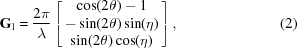 [{\bf G}_{\rm l} = {{2\pi}\over{\lambda}} \left[ \matrix{ \cos(2\theta)-1\cr -\sin(2\theta)\sin(\eta)\cr \sin(2\theta)\cos(\eta) }\right],\eqno(2)]