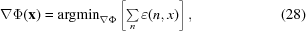 [ \nabla\Phi({\bf x}) = {\rm argmin}_{{\nabla\Phi}}\left[\textstyle\sum\limits _{n}\varepsilon(n,x)\right], \eqno (28)]