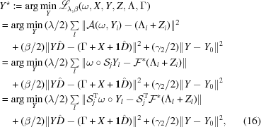 [\eqalignno {&Y^{\star} : = \arg\min _{Y}{\scr L}_{{\lambda,\beta}}(\omega,X,Y,Z,\Lambda,\Gamma) \cr & = \arg\min\limits _{{Y}}\,({{\lambda}/{2}})\textstyle\sum\limits _{l}\|{\cal A}(\omega,Y_{l})-(\Lambda _{l} + Z_{l})\|^{2} \cr & \quad+ ({{\beta}/{2}})\| Y\hat{D}-(\Gamma+X+{\bf 1}\hat{D})\|^{2}+ ({{\gamma _{2}}/{2}})\| Y-Y_{0}\|^{2} \cr & = \arg\min\limits _{{Y}}\, ({{\lambda}/{2}})\textstyle\sum\limits _{l}\|\omega\circ{\cal S}_{j}Y_{l}-{\cal F}^{*}(\Lambda _{l}+Z_{l})\| \cr & \quad+ ({{\beta}/{2}})\| Y\hat{D}-(\Gamma+X+{\bf 1}\hat{D})\|^{2}+ ({{\gamma _{2}}/{2}})\| Y-Y_{0}\|^{2} \cr & = \arg\min\limits _{{Y}} \,({{\lambda}/{2}})\textstyle\sum\limits _{l}\|{\cal S}_{j}^{\rm T}\omega\circ Y_{l}-{\cal S}_{j}^{\rm T}{\cal F}^{*}(\Lambda _{l}+Z_{l})\|\cr & \quad +({{\beta}/{2}})\| Y\hat{D}-(\Gamma+X+{\bf 1}\hat{D})\|^{2}+ ({{\gamma _{2}}/{2}})\| Y-Y_{0}\|^{2},&(16)}]