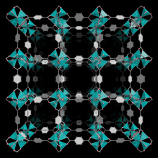 Green and white image of MOF-5 on a black background