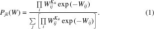 [P_{jk}(W) = {{\textstyle\prod \limits_{i}W_{ij}^{K_{ik}}\exp{(-W_{ij})}} \over {\textstyle\sum \limits_{j}\left[\textstyle\prod \limits_{i}W_{ij}^{K_{ik}}\exp{(-W_{ij})}\right]}}. \eqno (1)]