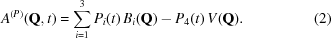 [A^{(P)} ({\bf Q}, t) = \sum \limits_{i=1}^{3} P_i (t) \, B_i ({\bf Q}) - P_4 (t) \, V ({\bf Q}) . \eqno (2)]