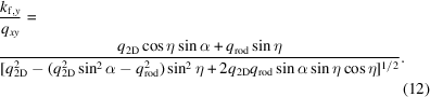 [\eqalignno {&{{k_{{\rm f}, y}} \over {q_{xy}}} = \cr &{{q_{\rm 2D} \cos\eta \sin\alpha + q_{{\rm rod}}\sin\eta} \over { [q_{\rm 2D}^2 -(q_{\rm 2D}^2\sin^2\alpha - q_{\rm rod}^2)\sin^2\eta + 2q_{\rm 2D}q_{\rm rod}\sin\alpha\sin\eta\cos\eta]^{1/2}}}.\cr && (12)}]