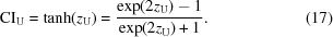 [{\rm CI}_{\rm U} = \tanh(z_{\rm U}) = {{\exp(2z_{\rm U}) - 1} \over {\exp(2z_{\rm U}) + 1}}. \eqno(17)]