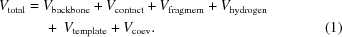 [\eqalignno {V_{\rm total} &= V_{\rm backbone}+V_{\rm contact}+V_{\rm fragmem}+V_{\rm hydrogen}\cr &\ \quad +\ V_{\rm template}+V_{\rm coev}. & (1)}]