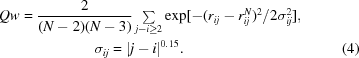 [\eqalignno {Qw & = {{2} \over {(N-2)(N-3)}} \textstyle \sum \limits_{j-i\ge 2} \exp[-(r_{ij}-r_{ij}^{N})^{2}/2\sigma_{ij}^{2}],\cr &\quad\quad\quad\quad\quad\sigma_{ij} = |j-i|^{0.15}. & (4)}]