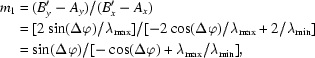 [\eqalign{m_1&=(B_y^\prime-A_y)/(B_x^\prime-A_x)\cr&=[2\sin(\Delta\varphi)/\lambda_{\rm max}]/[-2\cos(\Delta\varphi)/\lambda_{\rm max}+2/\lambda_{\rm min}]\cr&=\sin(\Delta\varphi)/[-\cos(\Delta\varphi)+\lambda_{\rm max}/\lambda_{\rm min}],}]