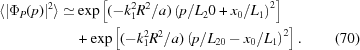 [\eqalignno{\langle|\Phi_P(p)|^2\rangle\simeq&{}\exp\left[(-k_1^2R^2/a)\left(p/L_20+x_0/L_1\right)^2\right]\cr&+\exp\left[(-k_1^2R^2/a)\left(p/L_{20}-x_0/L_1\right)^2\right].&(70)}]