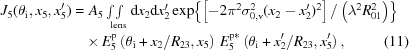 [\eqalignno{ J_{5}(\theta _{\rm i},x_{5},x_{5}^{\prime}) = & \, \, A_{5} \textstyle \int\!\!\int\limits_{\rm lens} {\rm d}x_{2}{\rm d}x_{2}^{\prime} \exp \bigl\{ \left[-2\pi^{2}\sigma _{0,{\rm v}}^{2}(x_{2}-x_{2}^{\prime })^{2} \right] / \left ( \lambda ^{2}R_{01}^{2} \right) \bigr\} \cr & \times E_5^{\rm p}\left(\theta _{\rm i} + x_{2}/R_{23},x_{5} \right) \, E_5^{\rm p\ast }\left(\theta _{\rm i}+ x_{2}^{\prime}/R_{23},x_{5}^{\prime } \right), & (11)}]