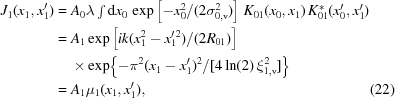 [\eqalignno{ J_{1}(x_{1}, x_{1}^{\prime }) &= A_{0}\lambda \textstyle\int {\rm d}x_{0}\, \exp \left[-x_{0}^{2}/(2\sigma_{\rm 0,v}^{2}) \right] \,K_{01}(x_{0},x_{1})\, K_{01}^{\ast}(x_{0}^{\prime},x_{1}^{\prime}) \cr & = A_{1} \exp \left[ ik(x_{1}^{2}-x_{1}^{\prime \, 2}) /(2R_{01}) \right] \cr&\quad\,\,{\times}\exp \bigl\{ -\pi^{2}(x_{1}-x_{1}^{\prime })^{2} / [4\ln (2)\, \xi_{\rm 1,v}^{2}] \bigr\} \cr & = A_{1}\mu_{1}(x_{1},x_{1}^{\prime}), & (22)}]