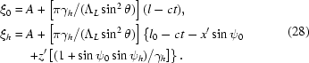 [\eqalign{&\xi_0=A+\left[\pi\gamma_h/(\Lambda_L\sin^2\theta)\right](l-ct),\cr&\xi_h=A+\left[\pi\gamma_h/(\Lambda_L\sin^2\theta)\right]\left\{l_0-ct-x'\sin\psi_0\right.\cr&\left.\quad\quad+z'\left[(1+\sin\psi_0\sin\psi_h)/\gamma_h\right]\right\}.}\eqno(28)]