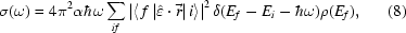 [\sigma(\omega)=4\pi^2\alpha\hbar\omega\sum_{if}\left|\left\langle\,f\left|\hat{\varepsilon}\cdot\vec{r}\right|i\right\rangle\right|^{2}\delta(E_{f}-E_{i}-\hbar\omega)\rho(E_{f}),\eqno(8)]