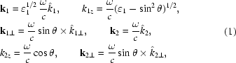 [\eqalign{&{\bf{k}}_1=\varepsilon_1^{1/2}\,{\omega\over{c}}\hat k_1,\qquad k_{1z}= {\omega \over{c}}(\varepsilon_1 -\sin^2 \theta)^{1/2},\cr &{\bf{k}}_{1 \bot }= {\omega \over c}\sin\theta \times \hat k_{1 \bot },\qquad {\bf{k}}_2= {\omega \over c}\hat k_2,\cr &k_{2z}= {\omega \over c}\cos\theta,\qquad {\bf{k}}_{2 \bot }= {\omega \over c}\sin\theta \times \hat k_{2\bot},}\eqno(1)]