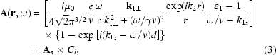 [\eqalignno{{\bf{A}}({\bf{r}},\omega)&=\left[{{{i\mu_0}\over{4\sqrt2\pi^{3/2}}}{e\over{v}}{\omega\over{c}}{{{\bf{k}}_{1\bot}}\over{k_{1\bot}^{\,2}+(\omega/\gamma{v})^2}}{{\exp(ik_2r)}\over{r}}{{\varepsilon_1-1}\over{\omega/v-k_{1z}}}}\right]\cr&\quad\times\left\{{1-\exp\left[i(k_{1z}-\omega/v)d\right]}\right\}\cr&={\bf{A}}_s\times{C_i},&(3)}]