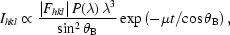 [I_{hkl}\propto{{|F_{hkl}|\,P(\lambda)\,\lambda^3}\over{\sin^2\theta_{\rm{B}}}}\exp\left(-\mu{t}/\!\cos\theta_{\rm{B}}\right),]