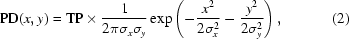 [{\rm{PD}}(x,y)={\rm{TP}}\times{1\over{2\pi\sigma_x\sigma_y}}\exp\left(-{{x^2}\over{2\sigma_x^2}}-{{y^2}\over{2\sigma_y^2}}\right),\eqno(2)]