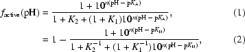 [\eqalignno{f_{\rm{active}}({\rm{pH}})&={{1+10^{n({\rm{pH}}\,-\,{\rm{p}}K_{\rm{A}})}}\over{1+K_2+(1+K_1)10^{n({\rm{pH}}\,-\,{\rm{p}}K_{\rm{A}})}}},&(1)\cr&=1-{{1+10^{n({\rm{pH}}\,-\,{\rm{p}}K_{\rm{N}})}}\over{1+K_2^{-1}+(1+K_1^{-1})10^{n({\rm{pH}}\,-\,{\rm{p}}K_{\rm{N}})}}},&(2)}]