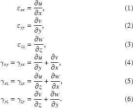 [\eqalignno{\varepsilon_{xx}&={{\partial u}\over{\partial x}},&(1)\cr\varepsilon_{yy}&={{\partial v}\over{\partial y}},&(2)\cr\varepsilon_{zz}&={{\partial w}\over{\partial z}},&(3)\cr\gamma_{xy}=\gamma_{yx}&={{\partial u}\over{\partial y}}+{{\partial v}\over{\partial x}},&(4)\cr\gamma_{xz}=\gamma_{zx}&={{\partial u}\over{\partial z}}+{{\partial w}\over{\partial x}},&(5)\cr\gamma_{yz}=\gamma_{zy}&={{\partial v}\over{\partial z}}+{{\partial w}\over{\partial y}}.&(6)}]