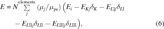 [\eqalignno{E={}&N{\textstyle\sum\limits_j^{{\rm{elements}}}}\left(\mu_j/\mu_{\rm{pe}}\right)\Big(E_i-E_{Kj}\delta_K-E_{L{\rm{I}}j}\delta_{L{\rm{I}}}\cr& -E_{L{\rm{II}}j}\delta_{L{\rm{II}}}-E_{L{\rm{III}}j}\delta_{L{\rm{III}}}\Big),&(6)}]