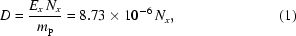 [D={{E_x\,N_x}\over{m_{\rm{p}}}}=8.73\times10^{-6}\,N_x,\eqno(1)]