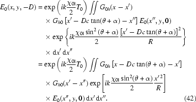 [\eqalignno{E_0(x,y,-D)&= \exp\left({ik{{\chi_{0{\rm{l}}}}\over2}T_0}\right)\int\!\!\!\int G_{0h}(x-x')\cr&\quad\times G_{h0}\left[x'-Dc\tan(\theta+\alpha)-x''\right]E_0(x'',y,0)\cr&\quad\times\exp\left\{{ik{{\chi_{0{\rm{l}}}\sin^2\left(\theta+\alpha\right)}\over2}{{\left[x'-Dc\tan(\theta+\alpha)\right]^2}\over R}}\right\}\cr&\quad\times{\rm{d}}x'\,{\rm{d}}x''\cr& =\exp\left({ik{{\chi_{0{\rm{l}}}}\over 2}T_0}\right)\int\!\!\!\int G_{0h}\left[x-Dc\tan(\theta+\alpha)-x'\right]\cr&\quad\times G_{h0}(x'-x'')\exp\left[{ik{{\chi_{0{\rm{l}}}\sin^2(\theta+\alpha)}\over2}{{x^{\prime\,2}}\over R}}\right]\cr&\quad\times E_0(x'',y,0)\,{\rm{d}}x'\,{\rm{d}}x''.&(42)}]