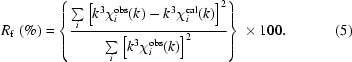 [R_{\rm{f}}\,\,(\%)=\left\{{{\textstyle\sum\limits_i\left[k^3\chi_i^{\rm{obs}}(k)-k^3\chi_i^{\rm{cal}}(k)\right]^2}}\over{\textstyle\sum\limits_i{\left[k^3\chi_i^{\rm{obs}}(k)\right]^2}}\right\}\times100.\eqno(5)]