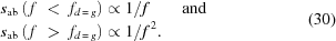 [\eqalign{&s_{\rm{ab}}\left(\,{f\,\,\lt\,\,{f_{d\,=\,g}}}\right)\propto1/f\qquad{\rm{and}}\cr&s_{\rm{ab}}\left(\,{f\,\,\gt\,\,{f_{d\,=\,g}}}\right)\propto{1/{f^{\,2}}}.}\eqno(30)]