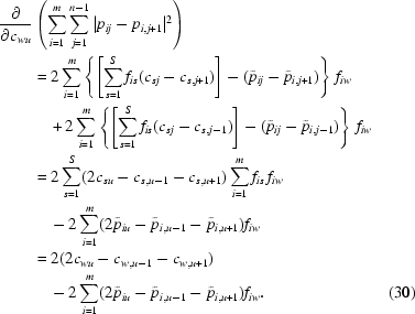 [\eqalignno{{\partial\over \partial c_{wu}}& \left(\sum\limits_{i = 1}^{m}\sum\limits_{j = 1}^{n-1} |p_{ij}-p_{i, j+1}|^2\right)\cr & = 2\sum\limits_{i = 1}^m\left\{\left[\sum\limits_{s = 1}^Sf_{is}(c_{sj}-c_{s,j+1})\right]- (\tilde p_{ij}-\tilde p_{i,j+1})\right\}\,f_{iw}\cr & \quad+ 2\sum\limits_{i = 1}^m\left\{\left[\sum\limits_{s = 1}^Sf_{is}(c_{sj}-c_{s,j-1})\right]-(\tilde p_{ij}-\tilde p_{i,j-1})\right\}\,f_{iw}\cr & = 2\sum\limits_{s = 1}^S(2c_{su}-c_{s,u-1}-c_{s,u+1})\sum\limits_{i = 1}^m f_{is}\, f_{iw}\cr & \quad - 2 \sum\limits_{i = 1}^m(2\tilde p_{iu}-\tilde p_{i,u-1}-\tilde p_{i, u+1})f_{iw}\cr & = 2(2c_{wu}-c_{w,u-1}-c_{w,u+1})\cr & \quad - 2 \sum\limits_{i = 1}^m(2\tilde p_{iu}-\tilde p_{i,u-1}-\tilde p_{i, u+1})f_{iw}. &(30)}]