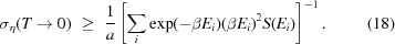[\sigma_{\eta}(T\rightarrow0)\,\,\geq\,\,{{1} \over {a}}\left[\sum_{i}\exp(-\beta E_{i})(\beta E_{i})^{2}S(E_{i})\right]^{-1}.\eqno(18)]