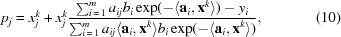 [p_{j} = x_{j}^{k}+x_{j}^{k}{{\textstyle\sum_{{i\,=\,1}}^{m}a_{{ij}}b_{i}\exp(-\langle{\bf{a}}_{i},{\bf{x}}^{k}\rangle)-y_{i}} \over {\textstyle\sum_{{i\,=\,1}}^{m}a_{{ij}}\langle{\bf{a}}_{i},{\bf{x}}^{k}\rangle b_{i}\exp(-\langle{\bf{a}}_{i},{\bf{x}}^{k}\rangle)}},\eqno(10)]