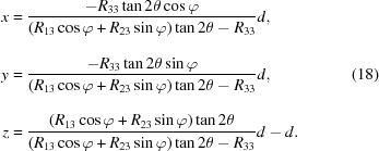 [\eqalign{x & = {{-R_{{33}}\tan 2\theta\cos\varphi} \over {(R_{{13}}\cos\varphi+R_{{23}}\sin\varphi)\tan 2\theta _{\vphantom{\big|}} -R_{{33}}}}d,\cr y & = {{-R_{{33}}\tan 2\theta\sin\varphi} \over {(R_{{13}}\cos\varphi+R_{{23}}\sin\varphi)\tan 2\theta _{\vphantom{\big|}} -R_{{33}}}}d,\cr z & = {{(R_{{13}}\cos\varphi+R_{{23}}\sin\varphi)\tan 2\theta} \over {(R_{{13}}\cos\varphi+R_{{23}}\sin\varphi)\tan 2\theta-R_{{33}}}}d-d.}\eqno(18)]