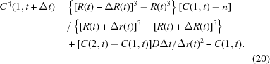 [\eqalignno{ C^{\,\dagger}(1,t+\Delta t)= {}& \left\{[R(t)+\Delta R(t)]^3 -R(t)^3\right\} [C(1,t)-n] \cr& /\left\{[R(t)+\Delta r(t)]^3 -[R(t)+\Delta R(t)]^3\right\} \cr& +[C(2,t)-C(1,t)]D\Delta t/\Delta r(t)^2+C(1,t).\cr&&(20)}]